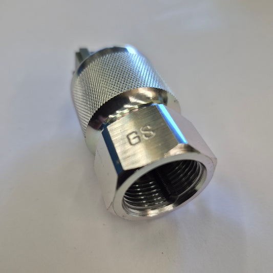 Metal fitting with threading on a white background
