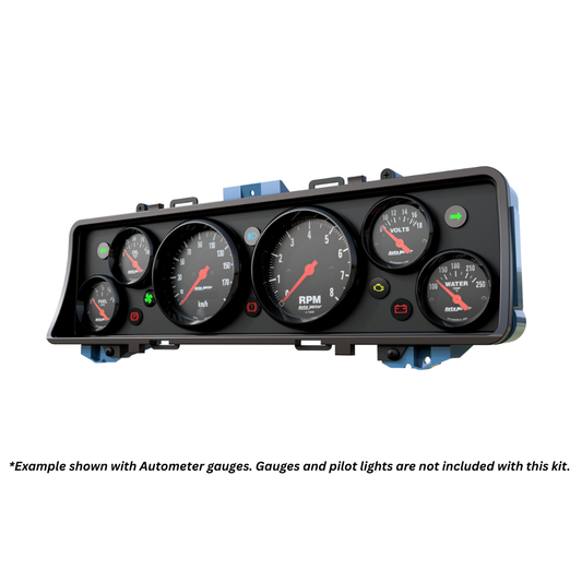 Car dashboard gauge cluster with multiple gauges on a white background