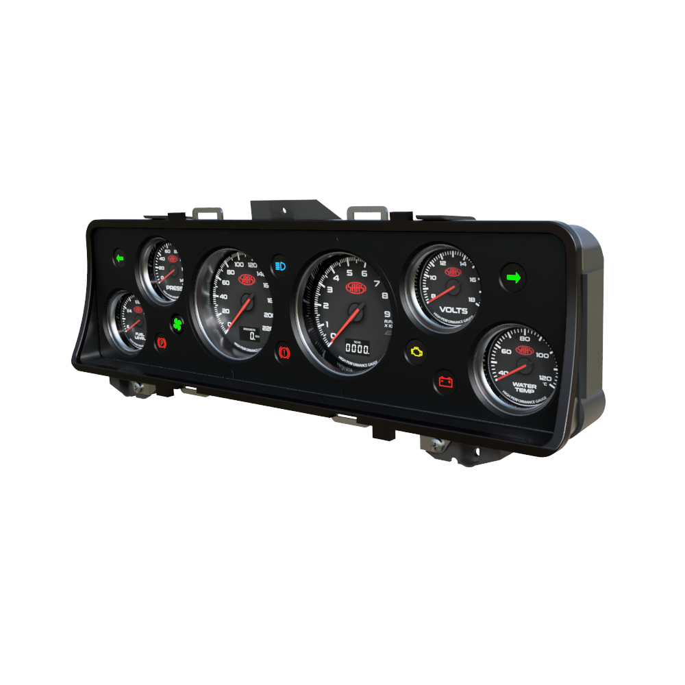 Car dashboard gauge cluster with multiple gauges (Instrument Cluster Replacement) on a white background