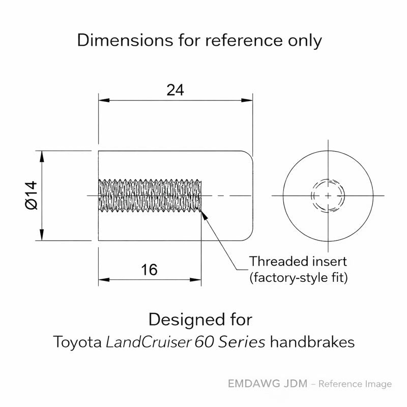 Technical drawing of a threaded insert with dimensions for Toyota LandCruiser 60 Series handbrakes.