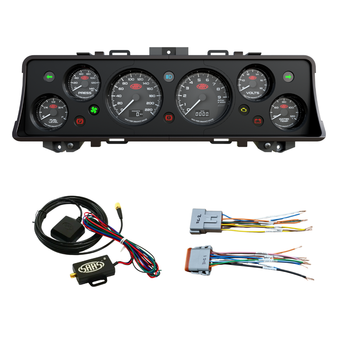 Car dashboard gauge cluster (Instrument Cluster Replacement) with wiring harnesses on a white background