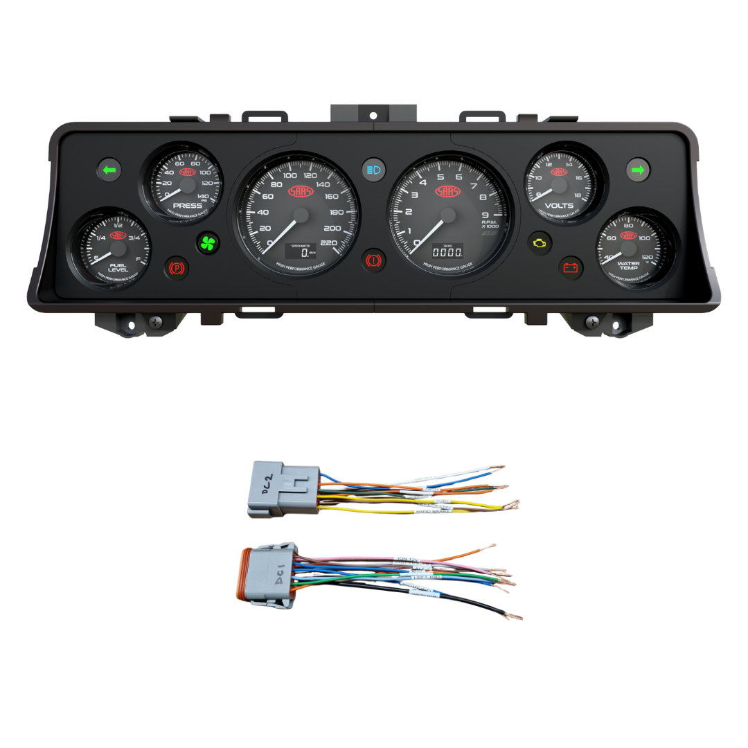 Car dashboard panel (Instrument Cluster Replacement) with gauges and wiring harness on a white background