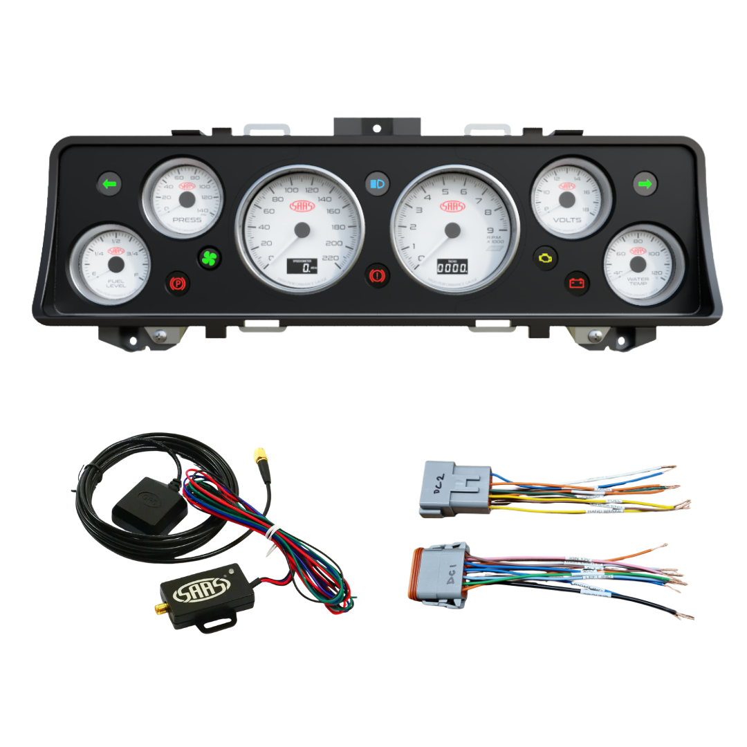 Car dashboard panel with gauges (Instrument Cluster Replacement) and wiring harness on a white background
