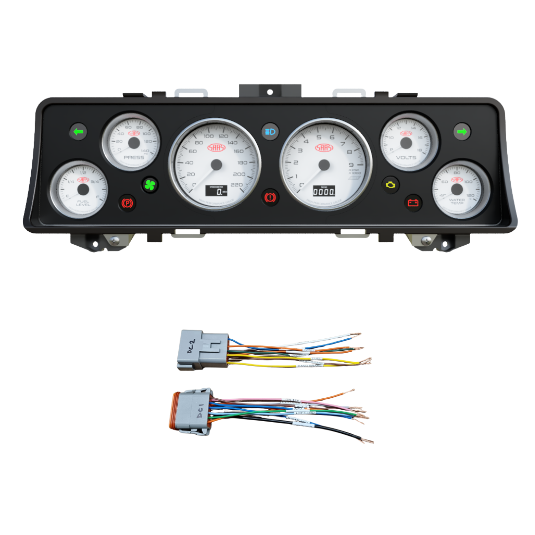 Car dashboard panel (Instrument Cluster Replacement) with gauges and wiring harness on a white background