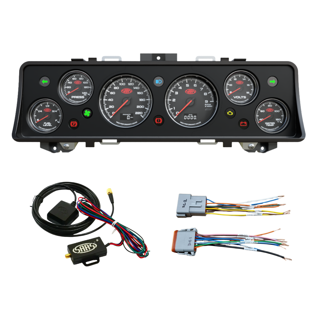 Car dashboard gauge cluster (Instrument Cluster Replacement) with wiring harnesses on a white background
