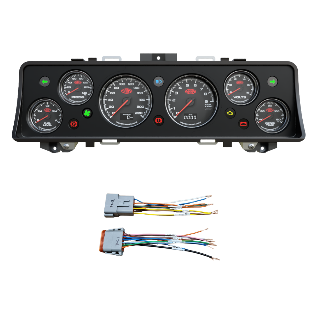 Car dashboard gauge cluster (Instrument Cluster Replacement) with wiring harness on a white background