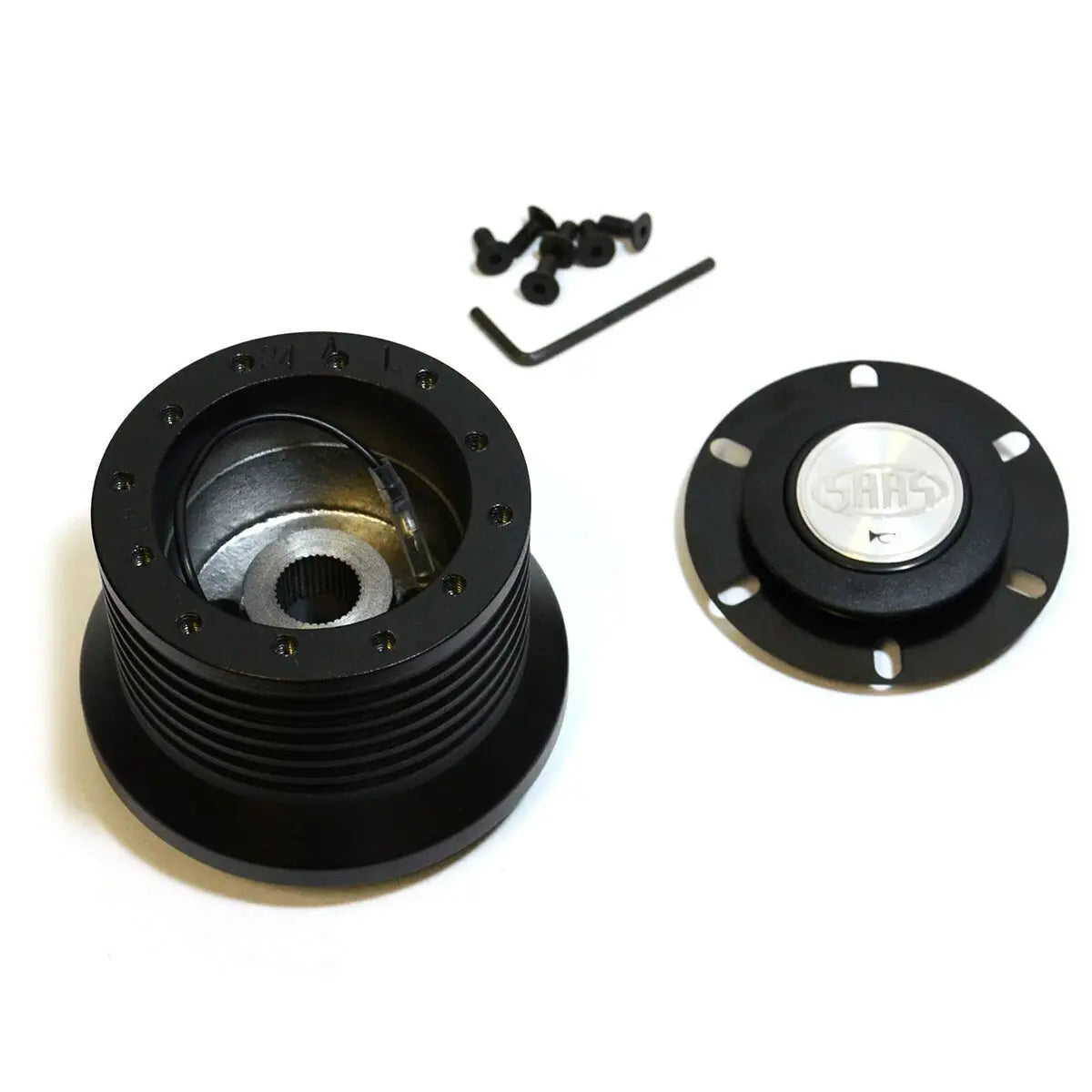 Black pulley system with screws on a white background