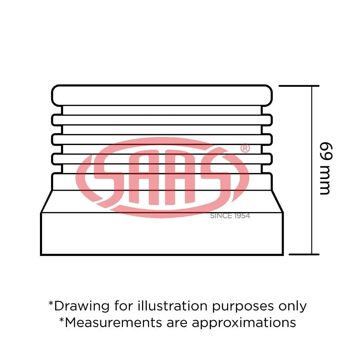 Technical drawing of a mechanical component with SAAS logo and dimensions on a white background