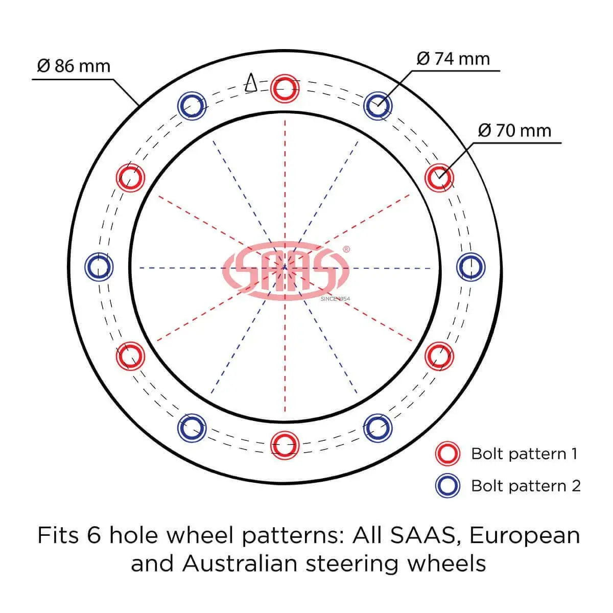 Diagram of a steering wheel pattern with measurements and bolt patterns labeled, featuring the SAAS logo.