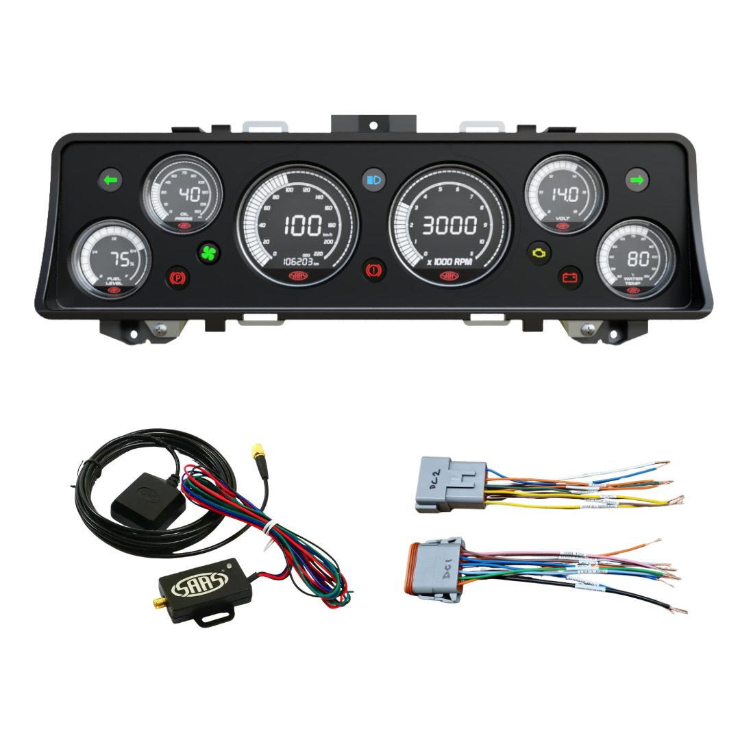 Car dashboard gauge cluster (Instrument Cluster Replacement) with wiring harnesses on a white background