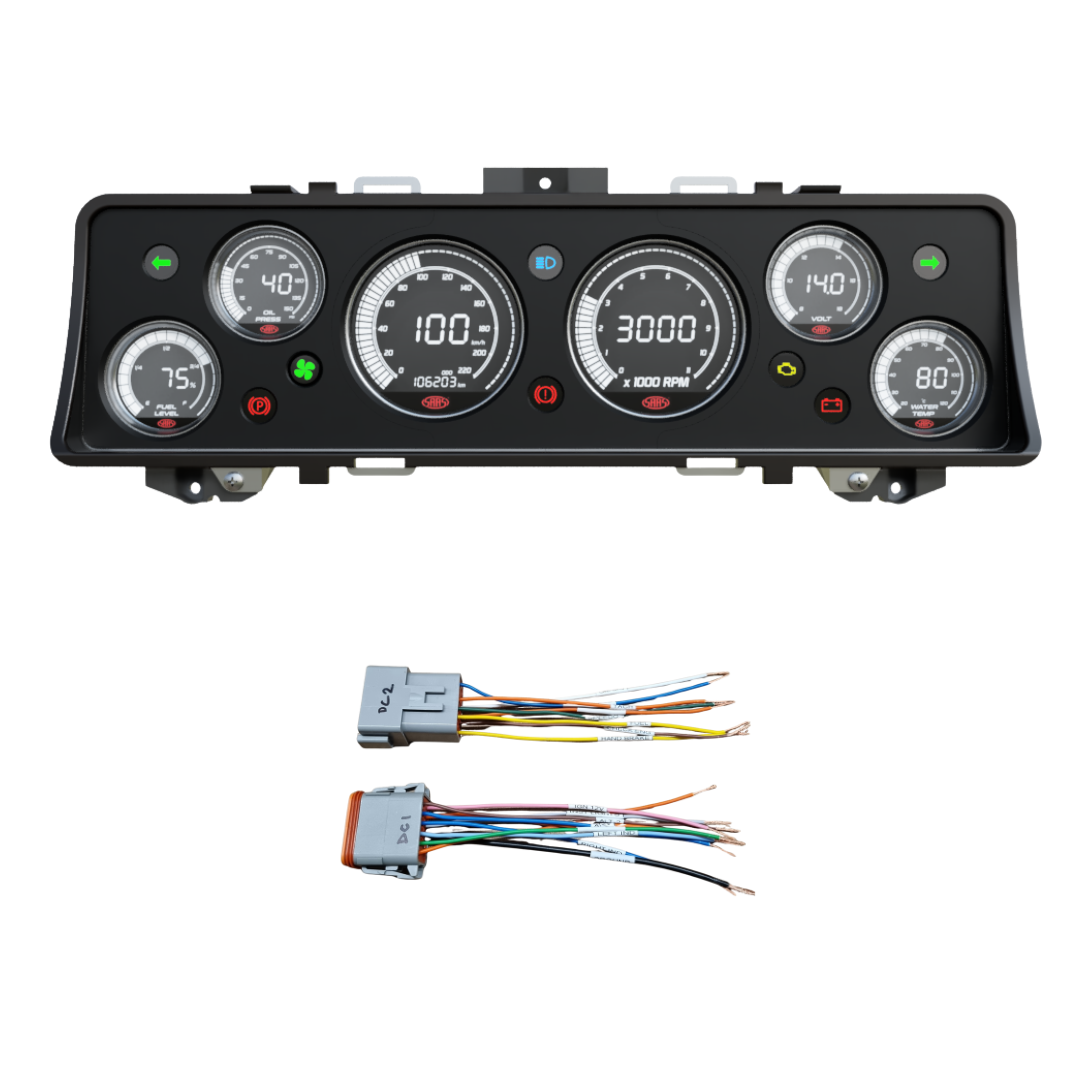 Car dashboard panel with gauges (Instrument Cluster Replacement) and wiring harness on a white background