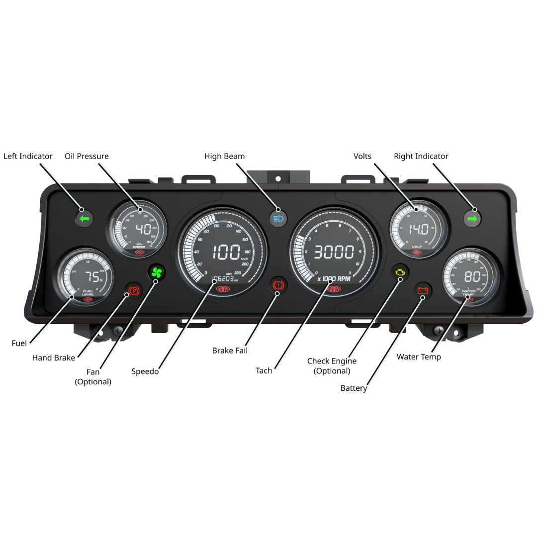 Car dashboard gauge cluster (Instrument Cluster Replacement) with various indicators on a white background