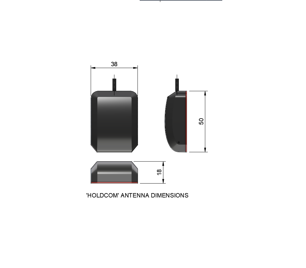 Dimensions of a 'HOLDCOM' antenna on a white background