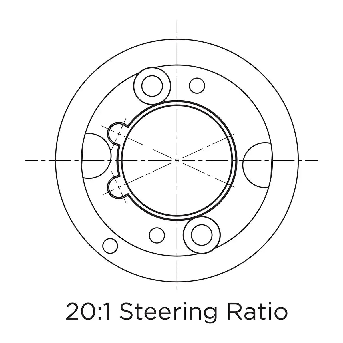 Technical drawing of a steering ratio mechanism with labeled '20:1 Steering Ratio'.