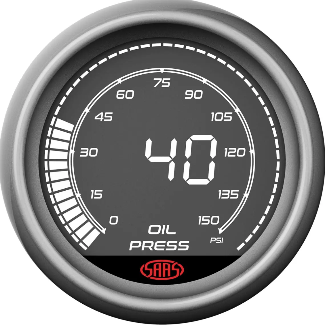 Oil pressure gauge with digital display on a white background