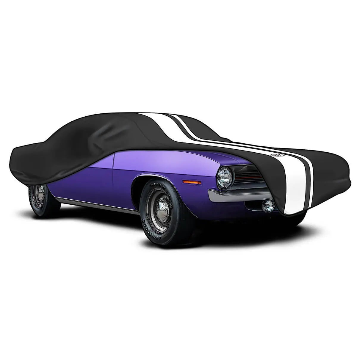 Car cover over a purple muscle car on a white background