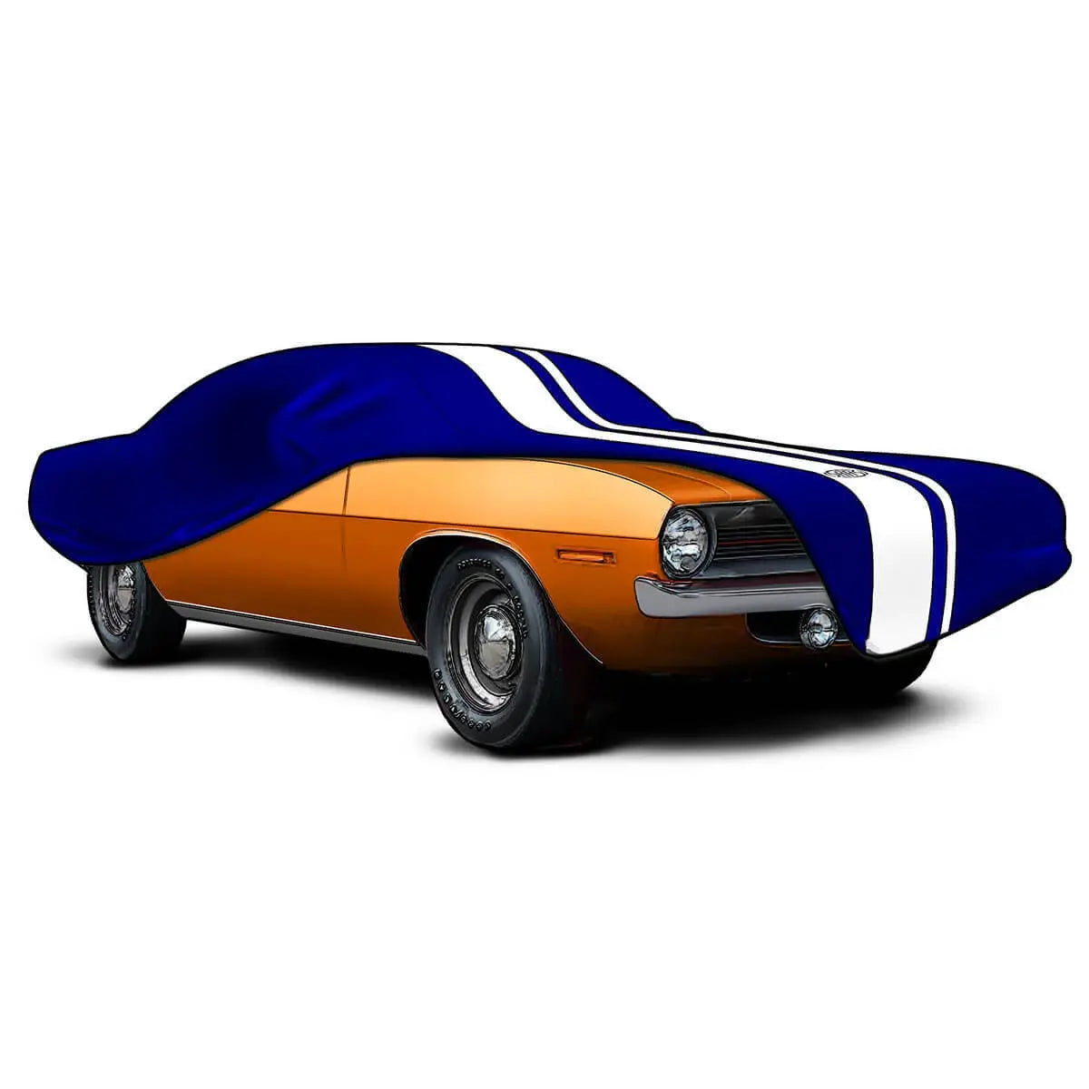 Car cover with blue and orange design on a white background