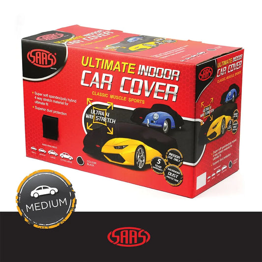 Box of SAAS Ultimate Indoor Car Cover with a medium size indicator on a white background