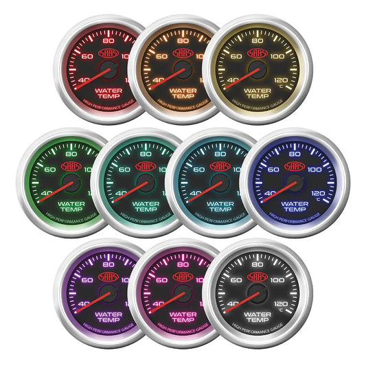 SAAS Muscle Series 3 52mm water temp gauge with 40β120Β°C range and LED backlighting.