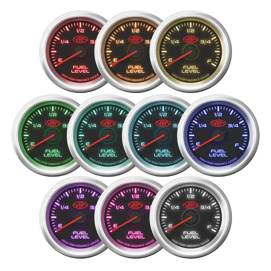 SAAS Muscle Series 3 fuel level gauge showing multiple LED backlight colour options.