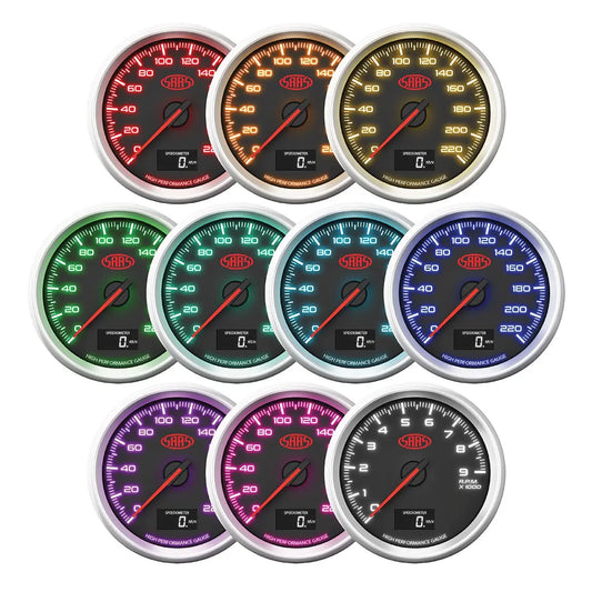 Collection of colorful gauges with brand logo on a white background