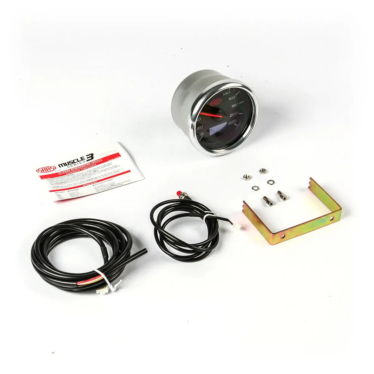 Car gauge kit with gauge, wiring, and mounting bracket on a white background