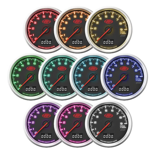 SAAS 80mm in-dash tachometer with shift light, OLED display, and 0β9000 RPM range for petrol engines.