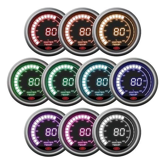 Set of eight water temperature gauges with different colored displays on a white background