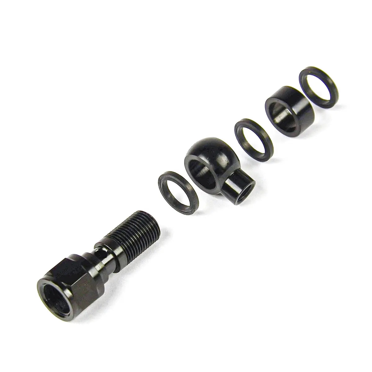 Set of black mechanical components on a white background