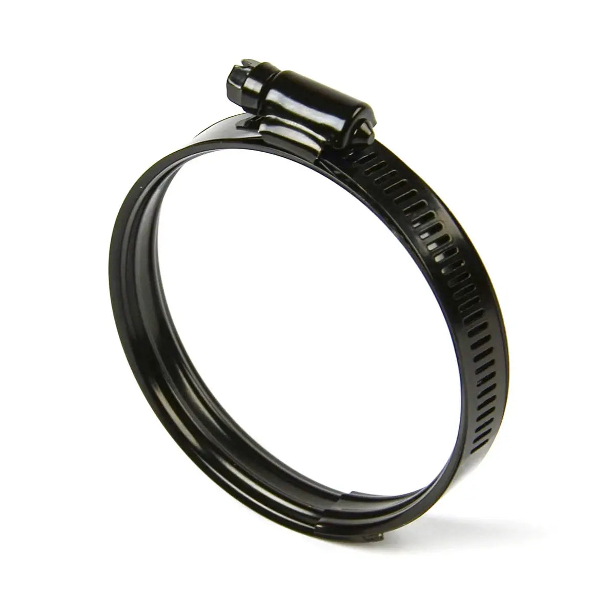 Black hose clamp on a white background