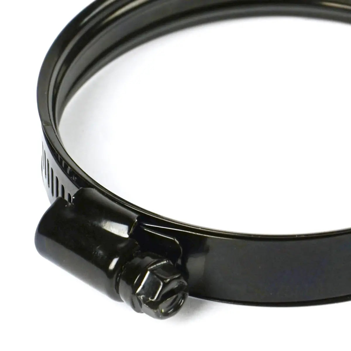 Black metal hose clamp on a white background