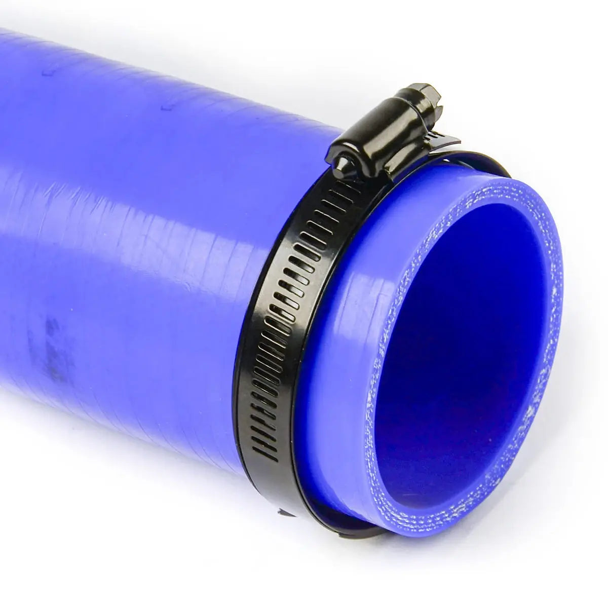 Blue silicone hose with a black clamp on a white background