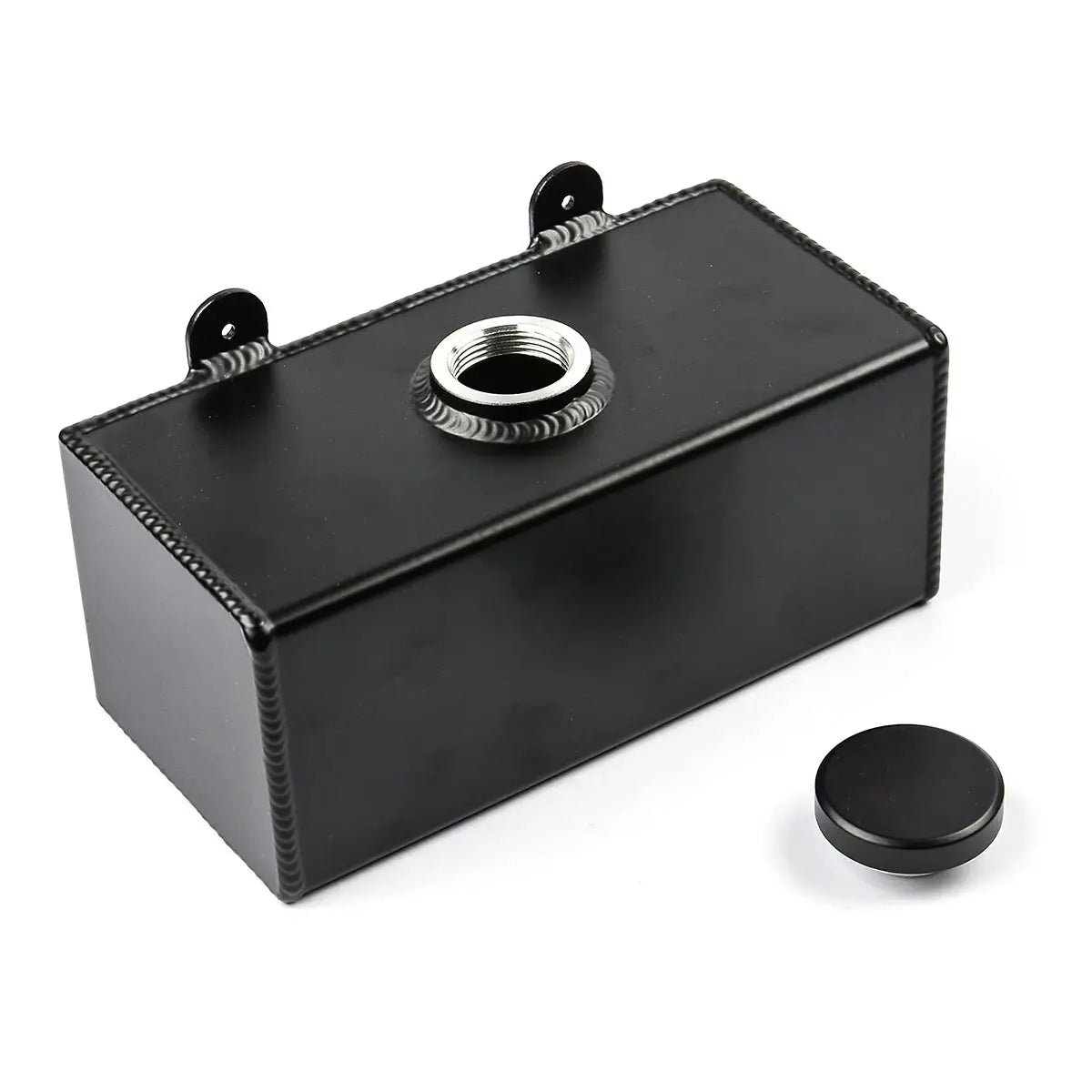 Black metal tank with a cylindrical component on a white background