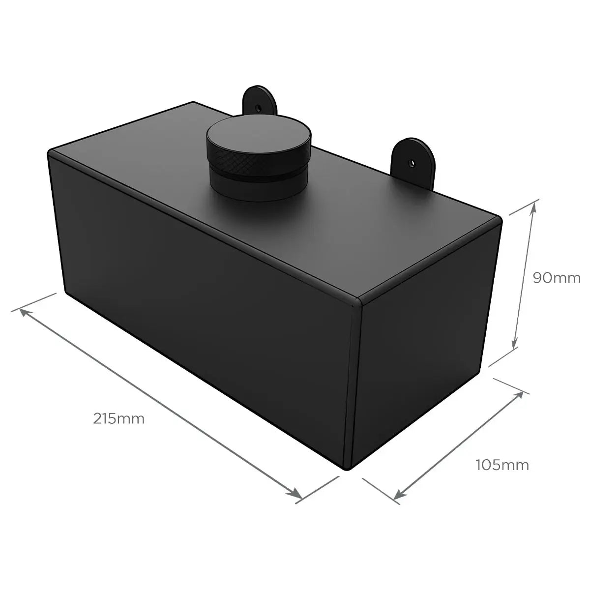 Black rectangular object with dimensions labeled on a white background
