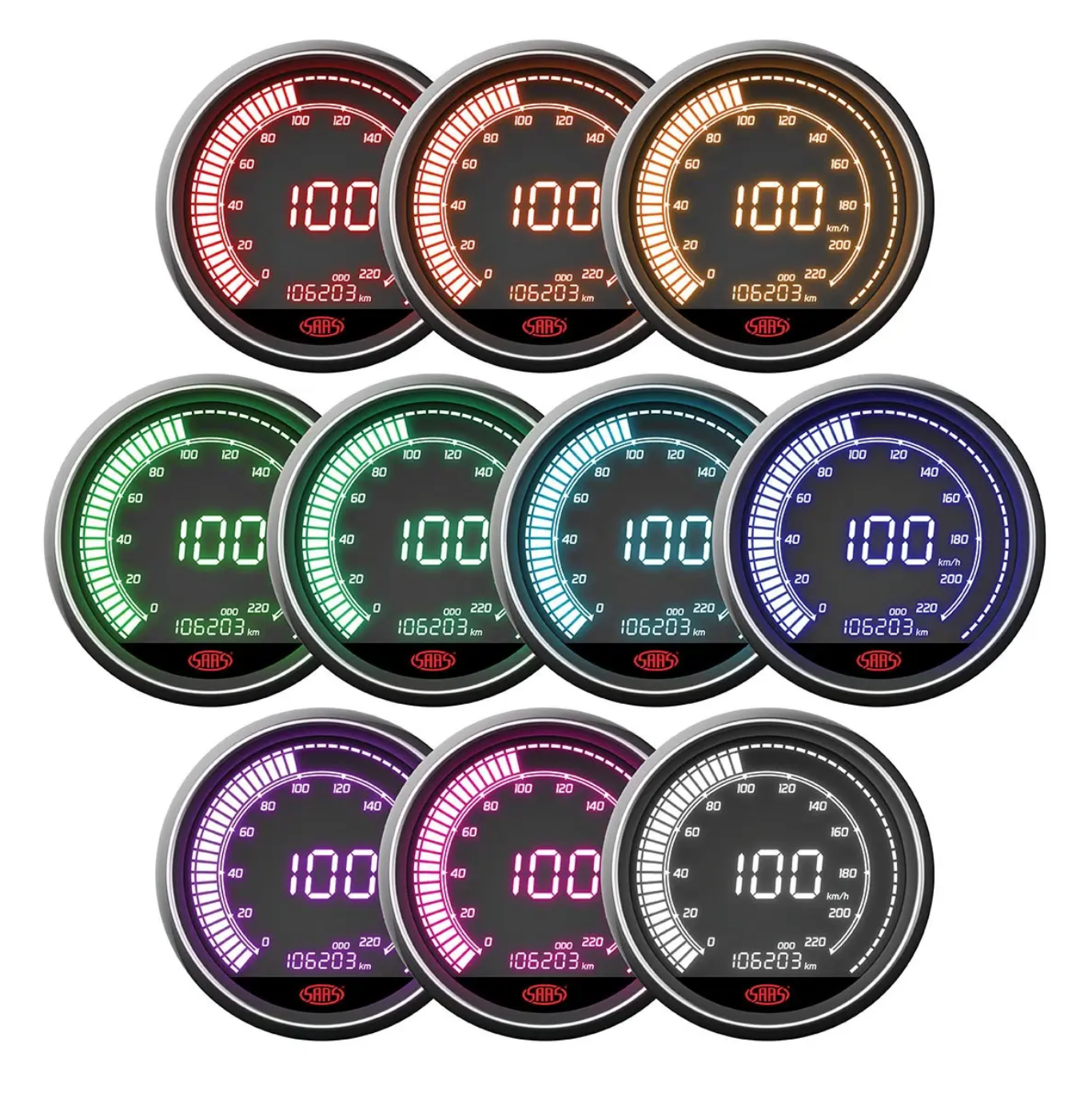 Set of digital gauges with various color displays on a white background