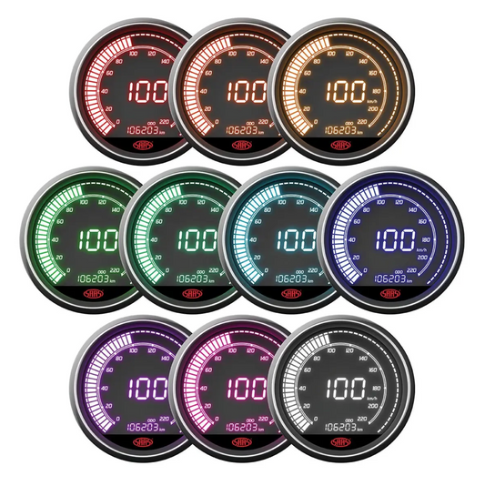 Set of digital gauges with various color displays on a white background