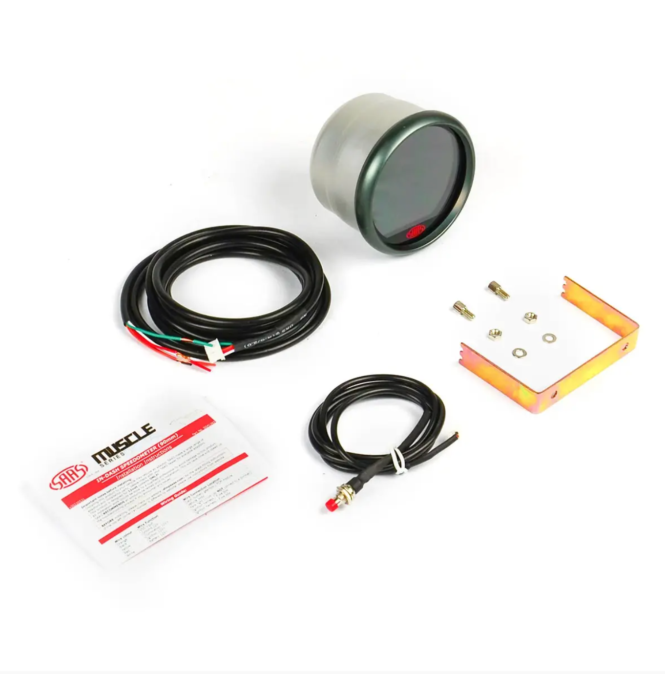 Car components including a gauge, wiring, and mounting bracket on a white background.