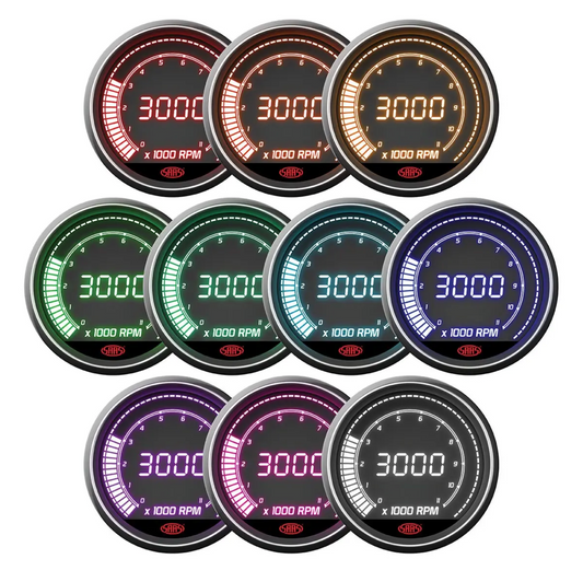 Set of 10 circular digital gauges displaying different color themes on a white background.