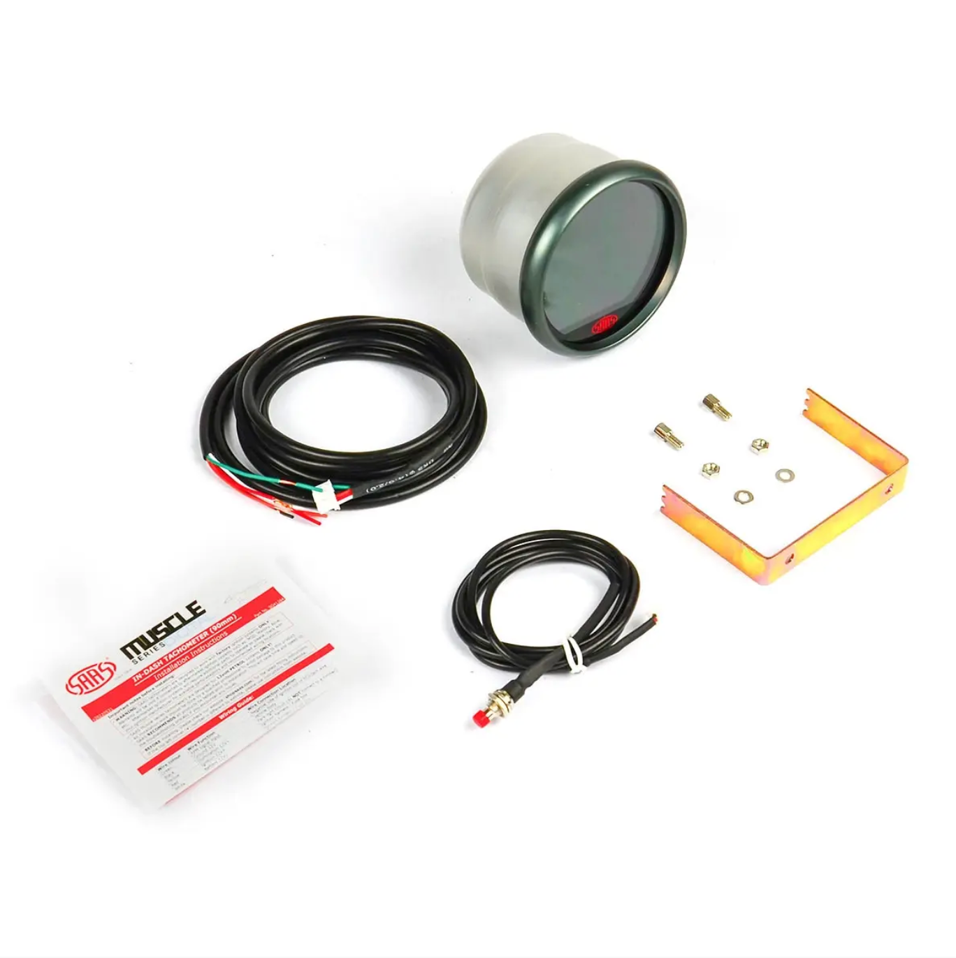 Car audio components including a gauge, wiring harness, and mounting bracket on a white background.