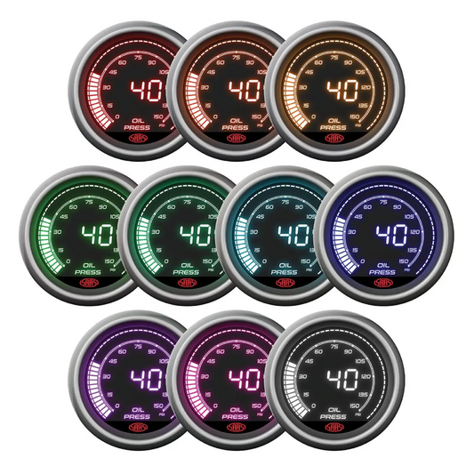Set of nine oil pressure gauges with different color displays on a white background
