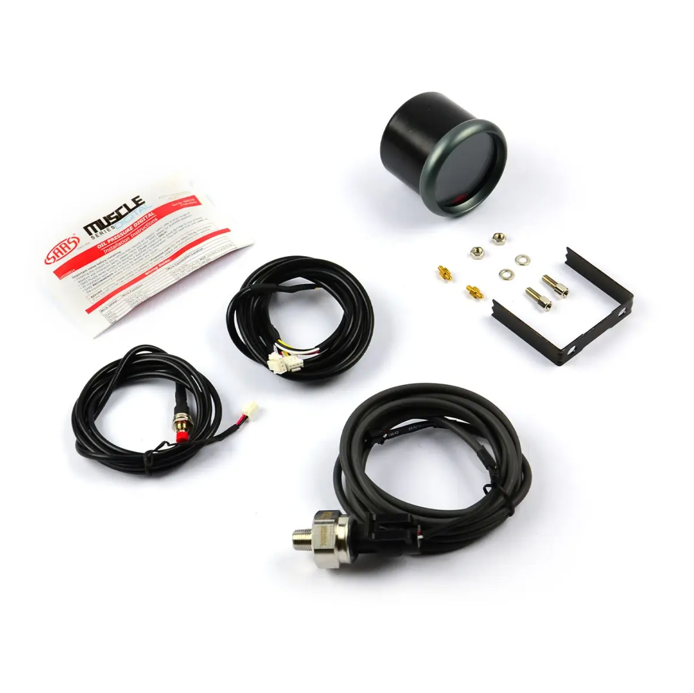 Car audio kit with speakers, cables, and connectors on a white background