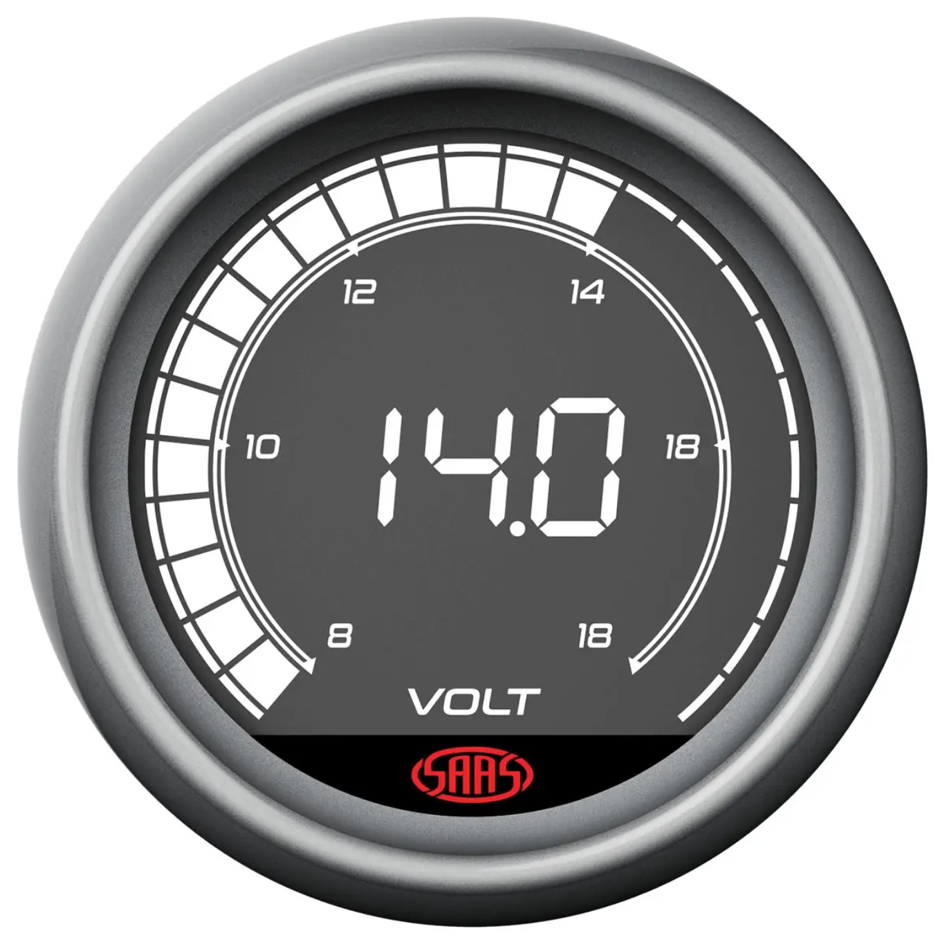 Voltmeter gauge displaying voltage with 'SAAS' branding on a white background