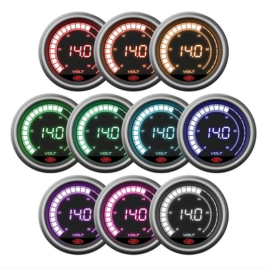 Set of eight digital voltmeters with different colored displays on a white background