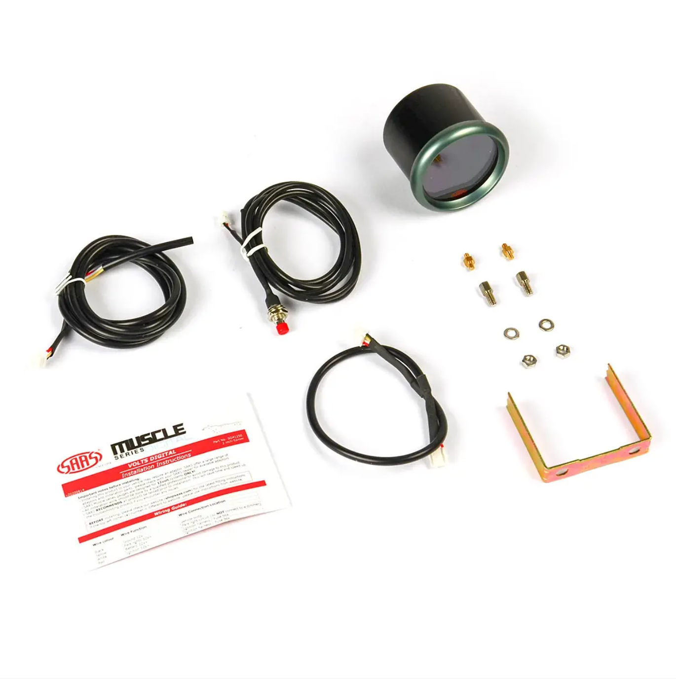 Car audio components including cables, connectors, and a manual on a white background