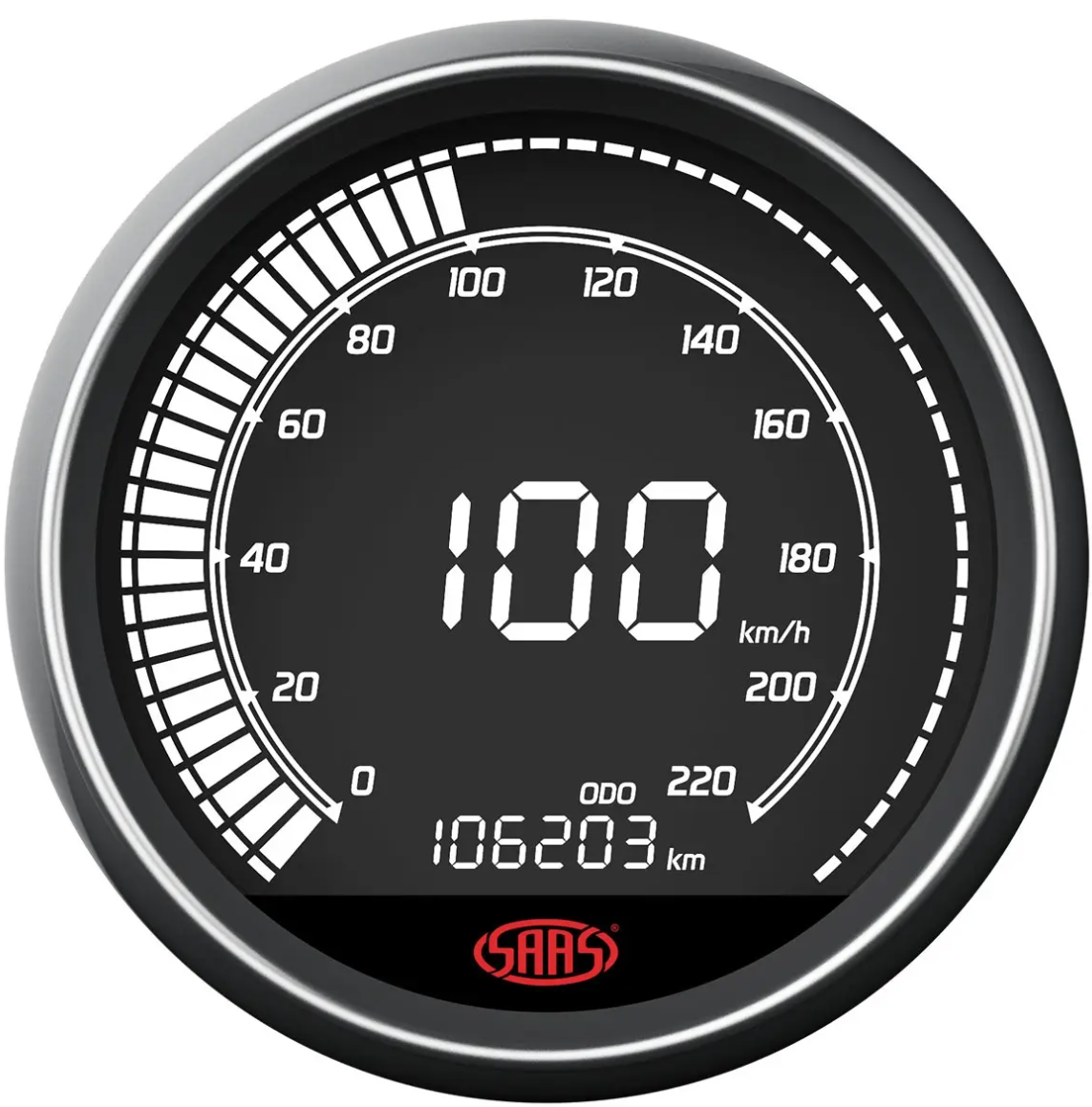 Car speedometer with digital display on a white background
