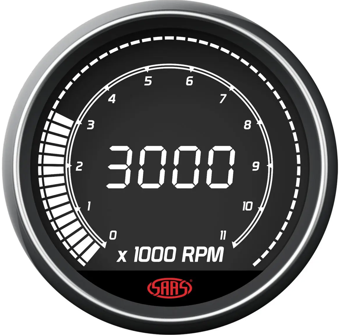 Digital tachometer displaying 3000 RPM with SAAS logo on a white background