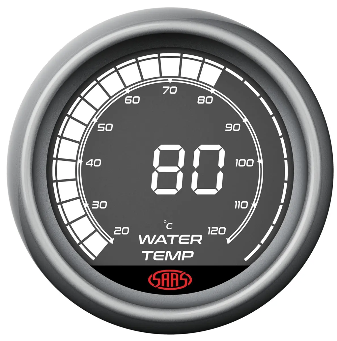 Car water temperature gauge displaying 80 degrees Celsius with SAAS logo.