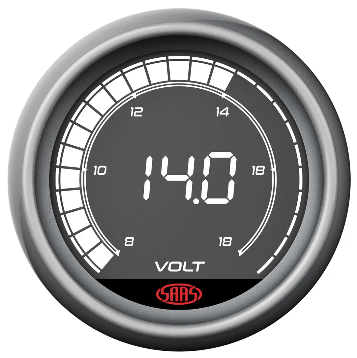Voltmeter gauge displaying 14.0 volts with 'SAAS' branding on a white background