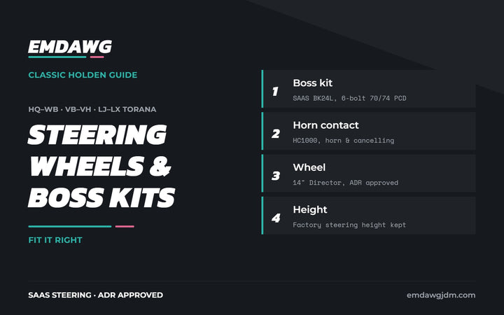 Classic Holden steering wheel and boss kit guide: SAAS BK24L boss kit, HC1000 horn contact and ADR approved wheel