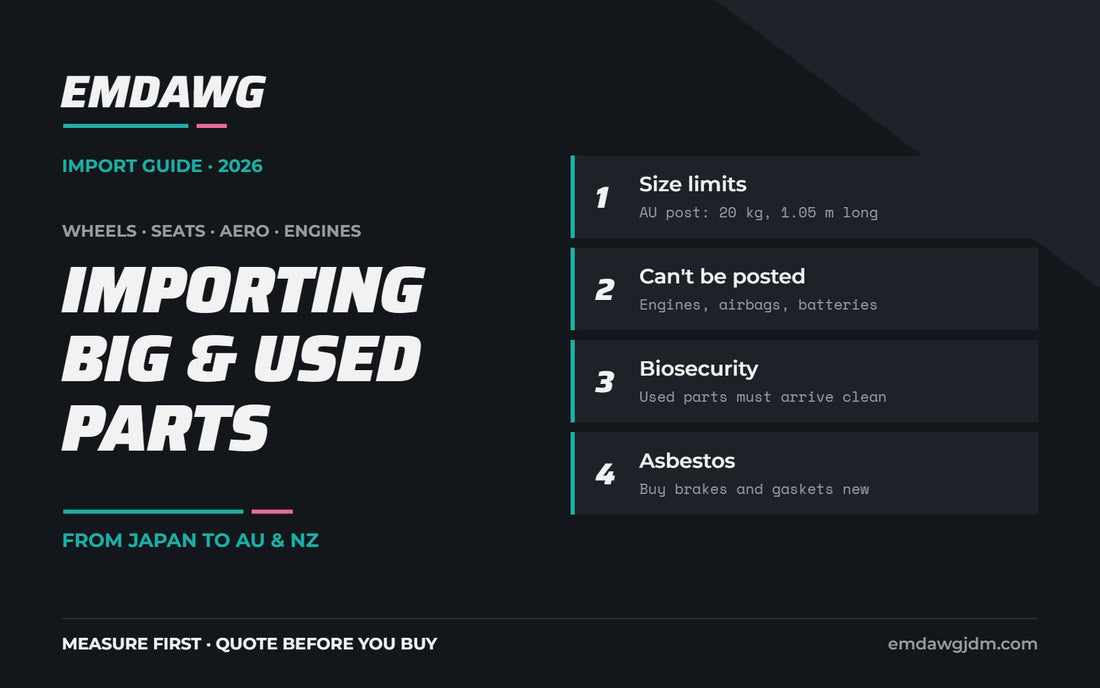 Importing big and used car parts from Japan: size limits, items that can't be posted, biosecurity and asbestos